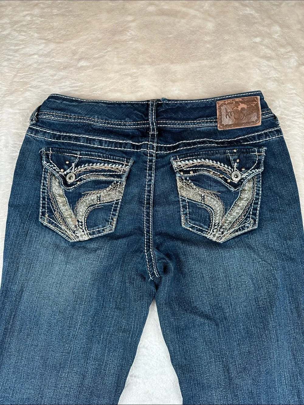 Ariya Jeans Womens 11/12 Bootcut Dark Wash Embellished Flap Pocket Stretch Y2K